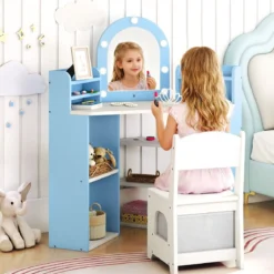 Eck-Kinderschminktisch mit Spiegel & Beleuchtung Prinzessinnen-Schminktisch mit Stuhl-Set Kosmetiktisch Blau