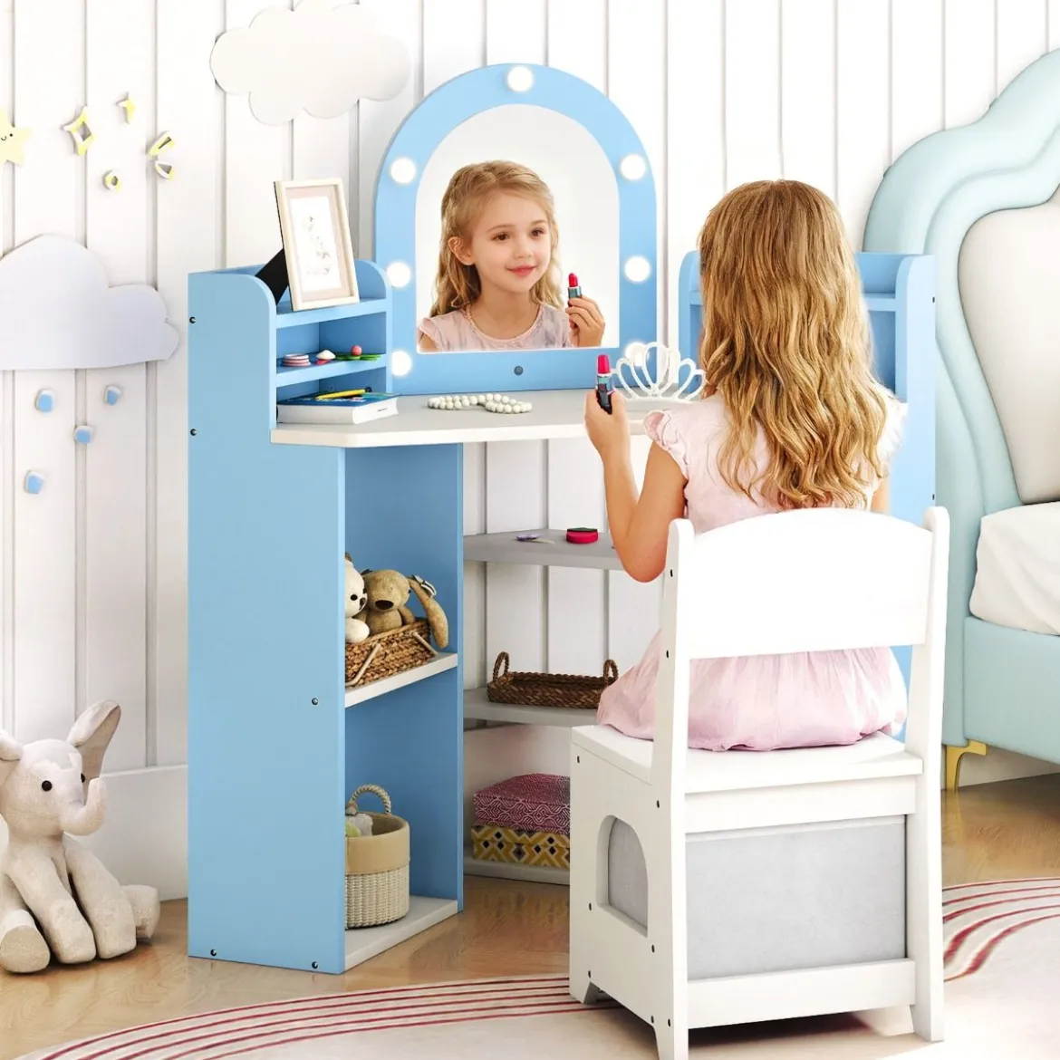 Eck-Kinderschminktisch mit Spiegel & Beleuchtung Prinzessinnen-Schminktisch mit Stuhl-Set Kosmetiktisch Blau