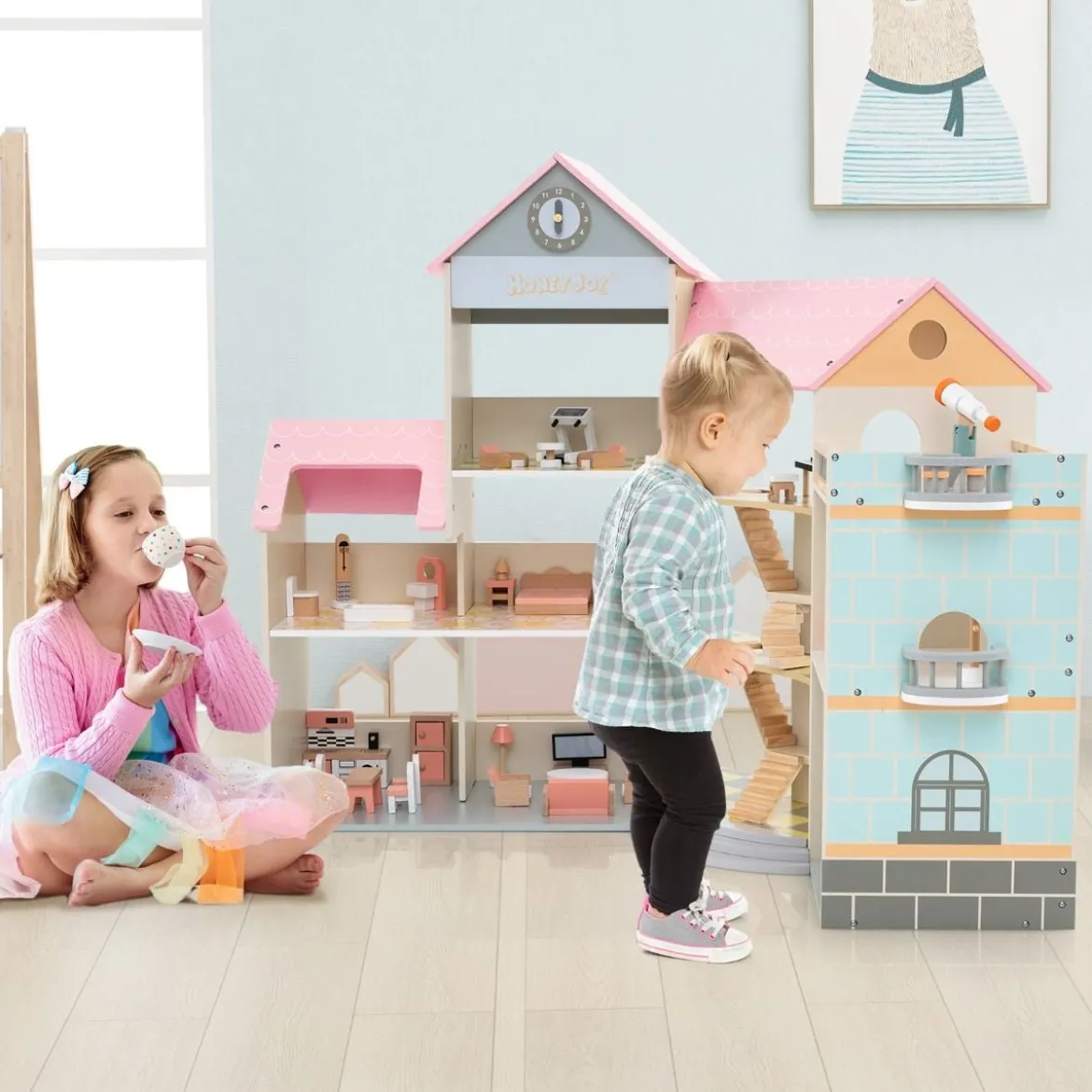 Eck-Puppenhaus aus Holz mit Rosa Dach & 41 Möbelstücken & Zubehör Puppenstube DIY Traumhaus Rosa