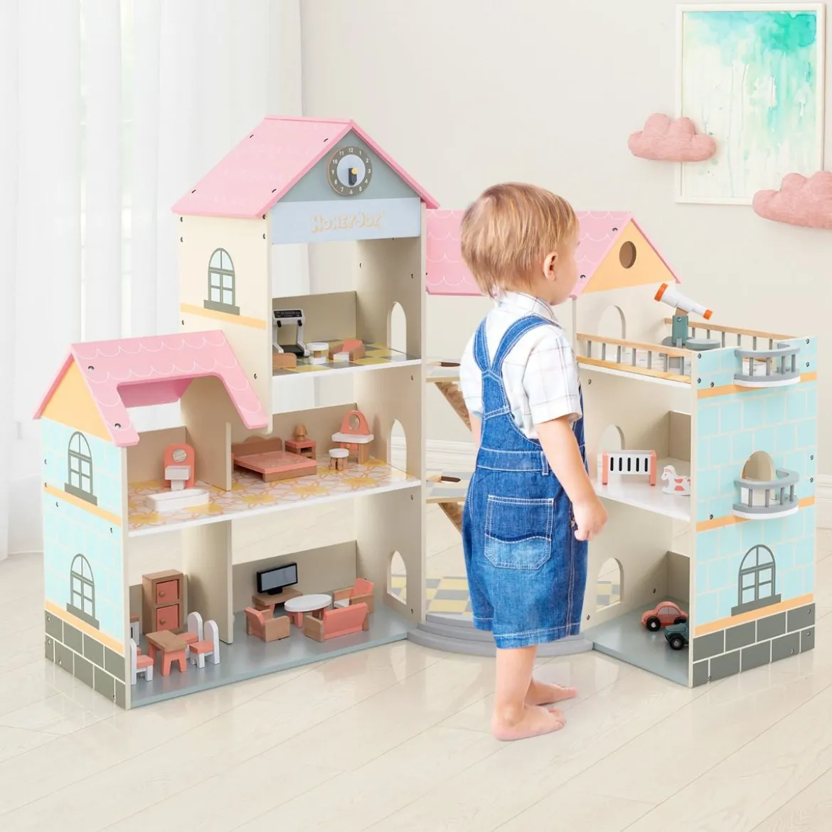 Eck-Puppenhaus aus Holz mit Rosa Dach & 41 Möbelstücken & Zubehör Puppenstube DIY Traumhaus Rosa