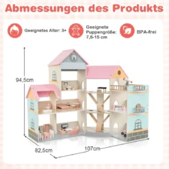 Eck-Puppenhaus aus Holz mit Rosa Dach & 41 Möbelstücken & Zubehör Puppenstube DIY Traumhaus Rosa