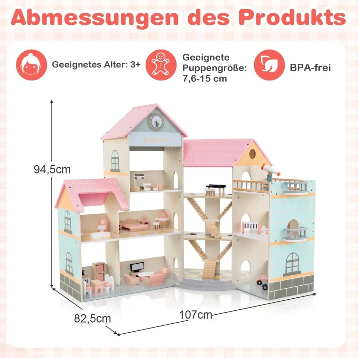 Eck-Puppenhaus aus Holz mit Rosa Dach & 41 Möbelstücken & Zubehör Puppenstube DIY Traumhaus Rosa