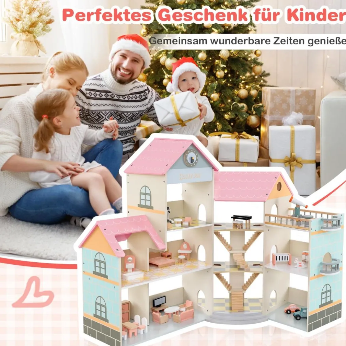 Eck-Puppenhaus aus Holz mit Rosa Dach & 41 Möbelstücken & Zubehör Puppenstube DIY Traumhaus Rosa
