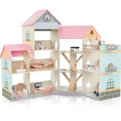 Eck-Puppenhaus aus Holz mit Rosa Dach & 41 Möbelstücken & Zubehör Puppenstube DIY Traumhaus Rosa