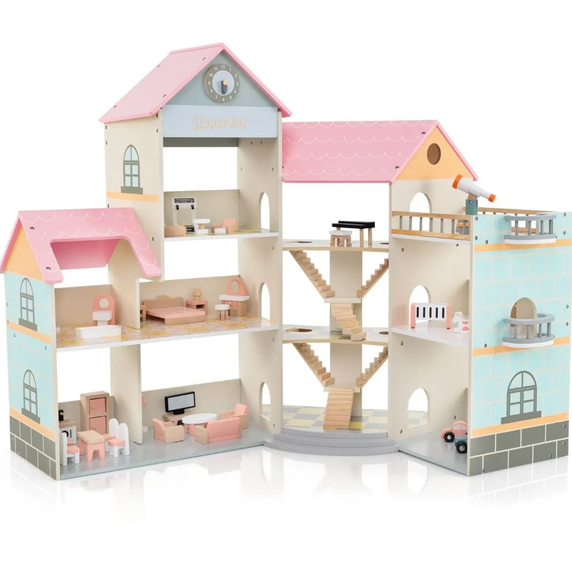 Eck-Puppenhaus aus Holz mit Rosa Dach & 41 Möbelstücken & Zubehör Puppenstube DIY Traumhaus Rosa