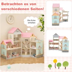 Eck-Puppenhaus aus Holz mit Rosa Dach & 41 Möbelstücken & Zubehör Puppenstube DIY Traumhaus Rosa
