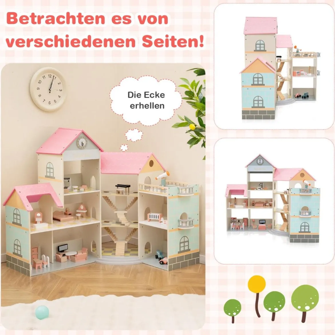 Eck-Puppenhaus aus Holz mit Rosa Dach & 41 Möbelstücken & Zubehör Puppenstube DIY Traumhaus Rosa
