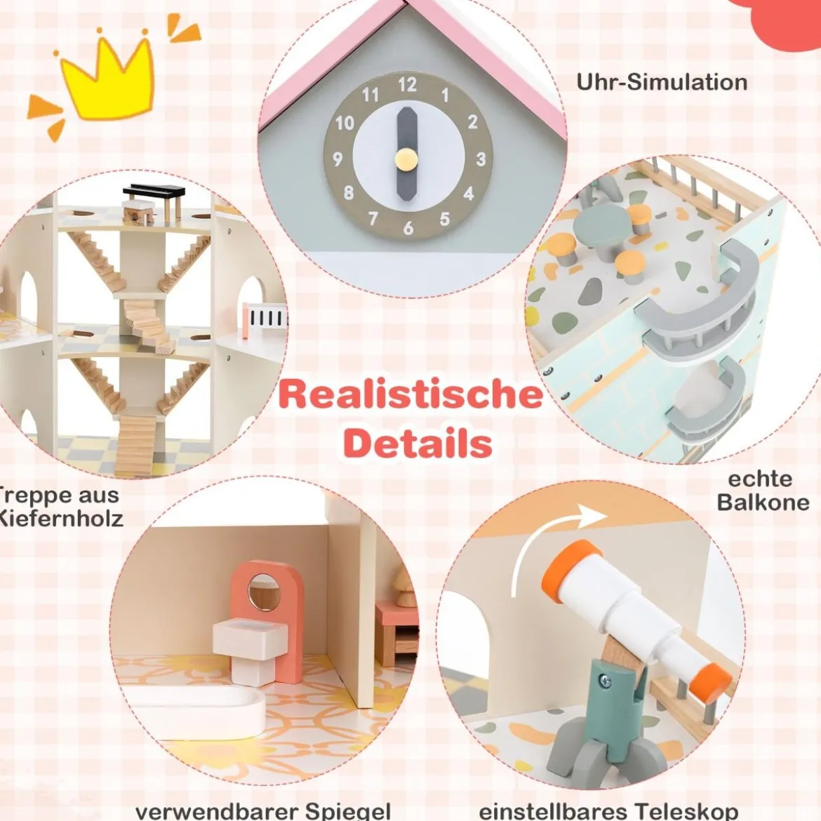Eck-Puppenhaus aus Holz mit Rosa Dach & 41 Möbelstücken & Zubehör Puppenstube DIY Traumhaus Rosa