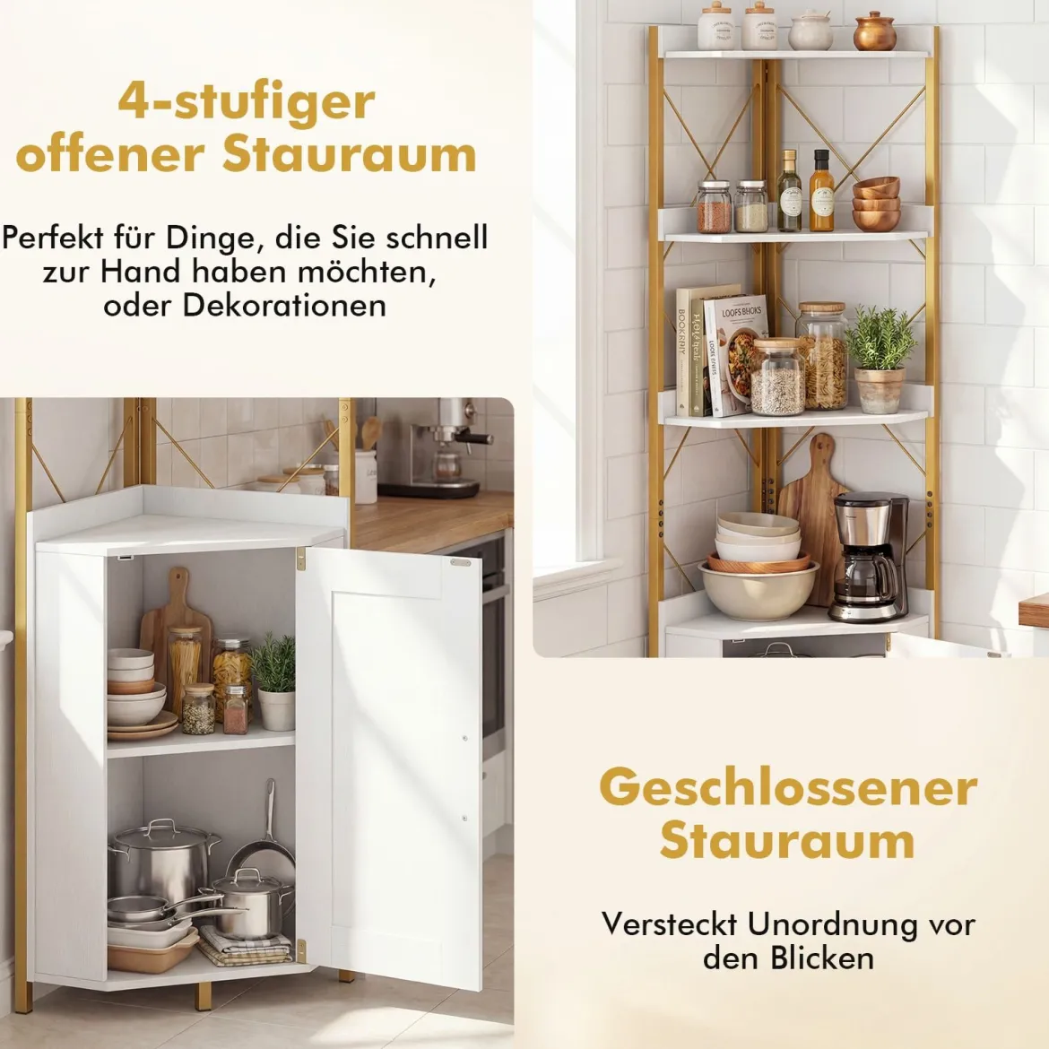 Eckregal mit Stauraum 180 cm hohes Eckschrank mit Absturzsicherungen 5-stöckiges freistehendes Bücherregal Weiß
