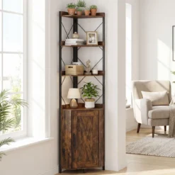 Eckregal mit Stauraum 180 cm hohes Eckschrank mit Absturzsicherungen 5-stöckiges Bücherregal Rustikales Braun