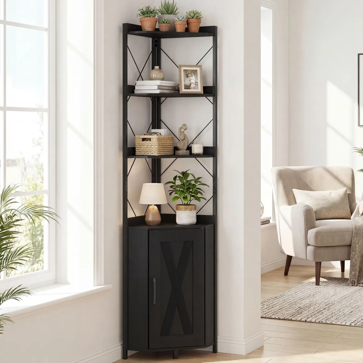 Eckregal mit Stauraum 180 cm hohes Eckschrank mit Absturzsicherungen 5-stöckiges freistehendes Bücherregal Schwarz