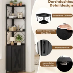 Eckregal mit Stauraum 180 cm hohes Eckschrank mit Absturzsicherungen 5-stöckiges freistehendes Bücherregal Schwarz