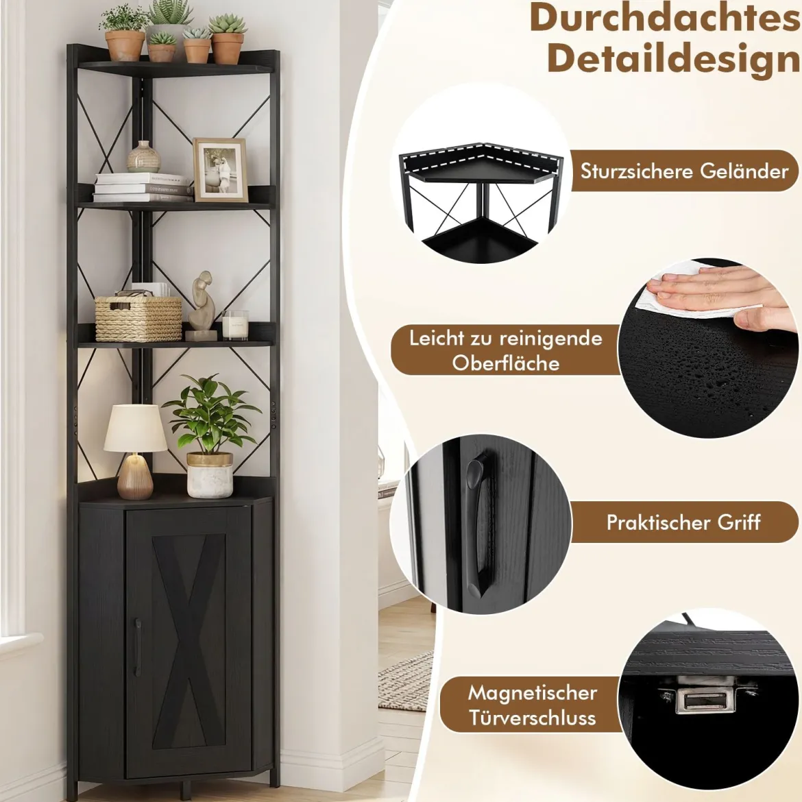 Eckregal mit Stauraum 180 cm hohes Eckschrank mit Absturzsicherungen 5-stöckiges freistehendes Bücherregal Schwarz
