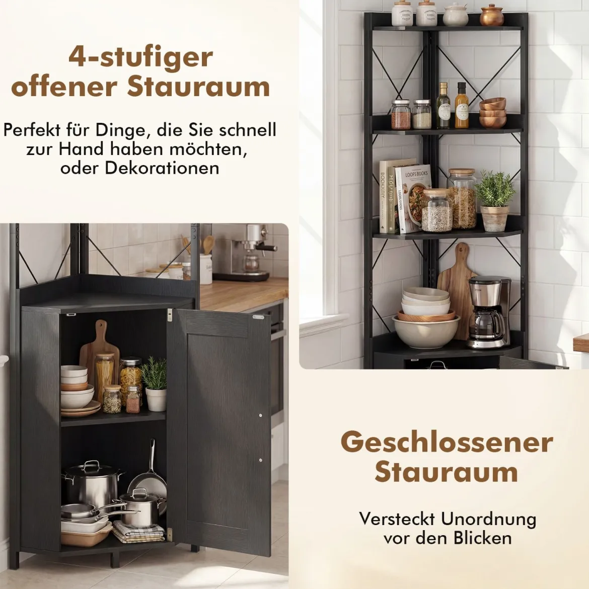 Eckregal mit Stauraum 180 cm hohes Eckschrank mit Absturzsicherungen 5-stöckiges freistehendes Bücherregal Schwarz