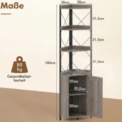 Eckregal mit Stauraum 180 cm Hohes Eckschrank mit Absturzsicherungen 5-stöckiges Freistehendes Bücherregal Grau