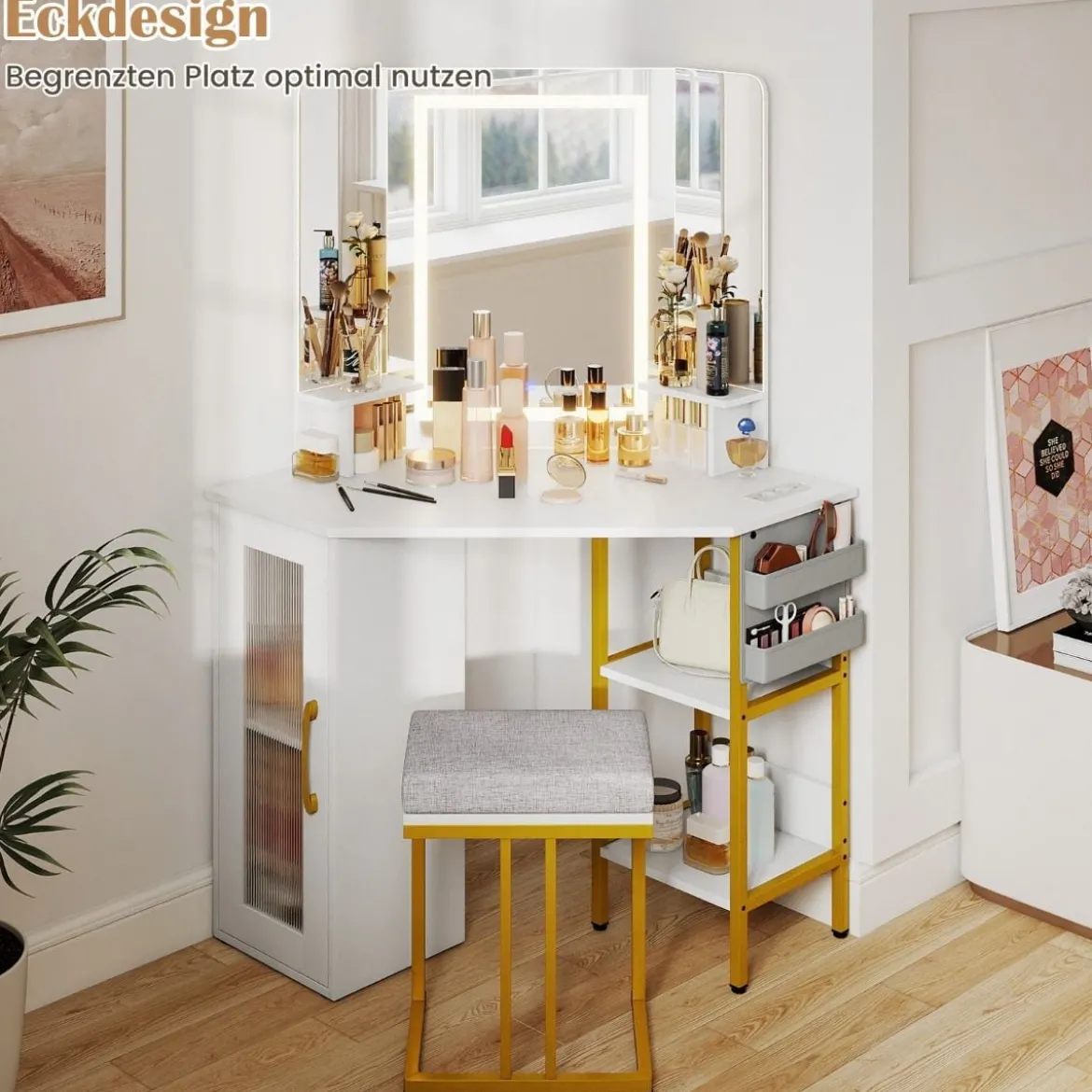 Eck Schminktisch mit Hocker & LED Beleuchtung & Ladestation Eck-Frisiertisch Kosmetiktisch