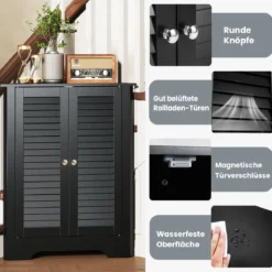 Eckschrank mit Lamellentür & Höhenverstellbarem Regal Platzsparend Badezimmerschrank Schwarz