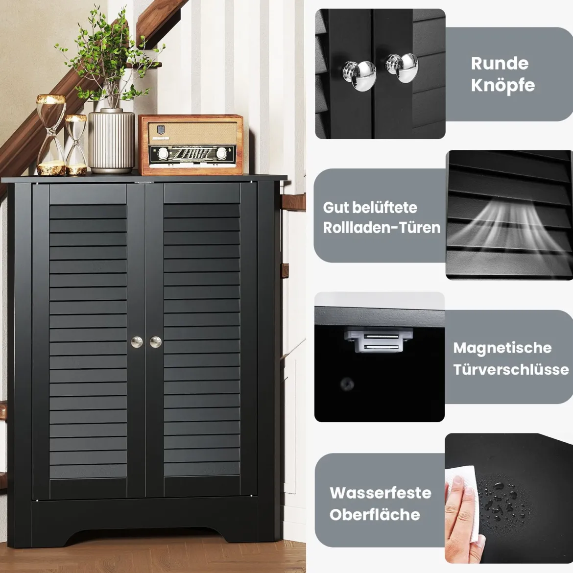 Eckschrank mit Lamellentür & Höhenverstellbarem Regal Platzsparend Badezimmerschrank Schwarz