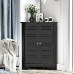 Eckschrank mit Lamellentür & Höhenverstellbarem Regal Platzsparend Badezimmerschrank Schwarz