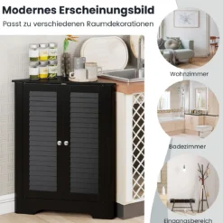 Eckschrank mit Lamellentür & Höhenverstellbarem Regal Platzsparend Badezimmerschrank Schwarz