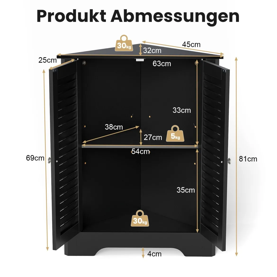 Eckschrank mit Lamellentür & Höhenverstellbarem Regal Platzsparend Badezimmerschrank Schwarz