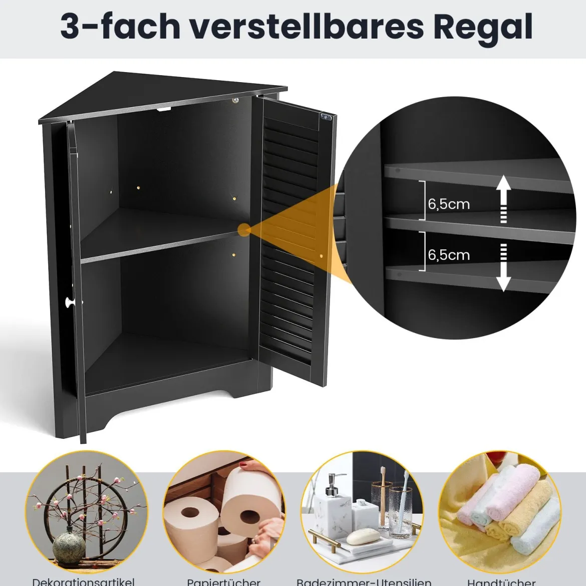 Eckschrank mit Lamellentür & Höhenverstellbarem Regal Platzsparend Badezimmerschrank Schwarz