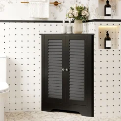 Eckschrank mit Lamellentür & Höhenverstellbarem Regal Platzsparend Badezimmerschrank Schwarz