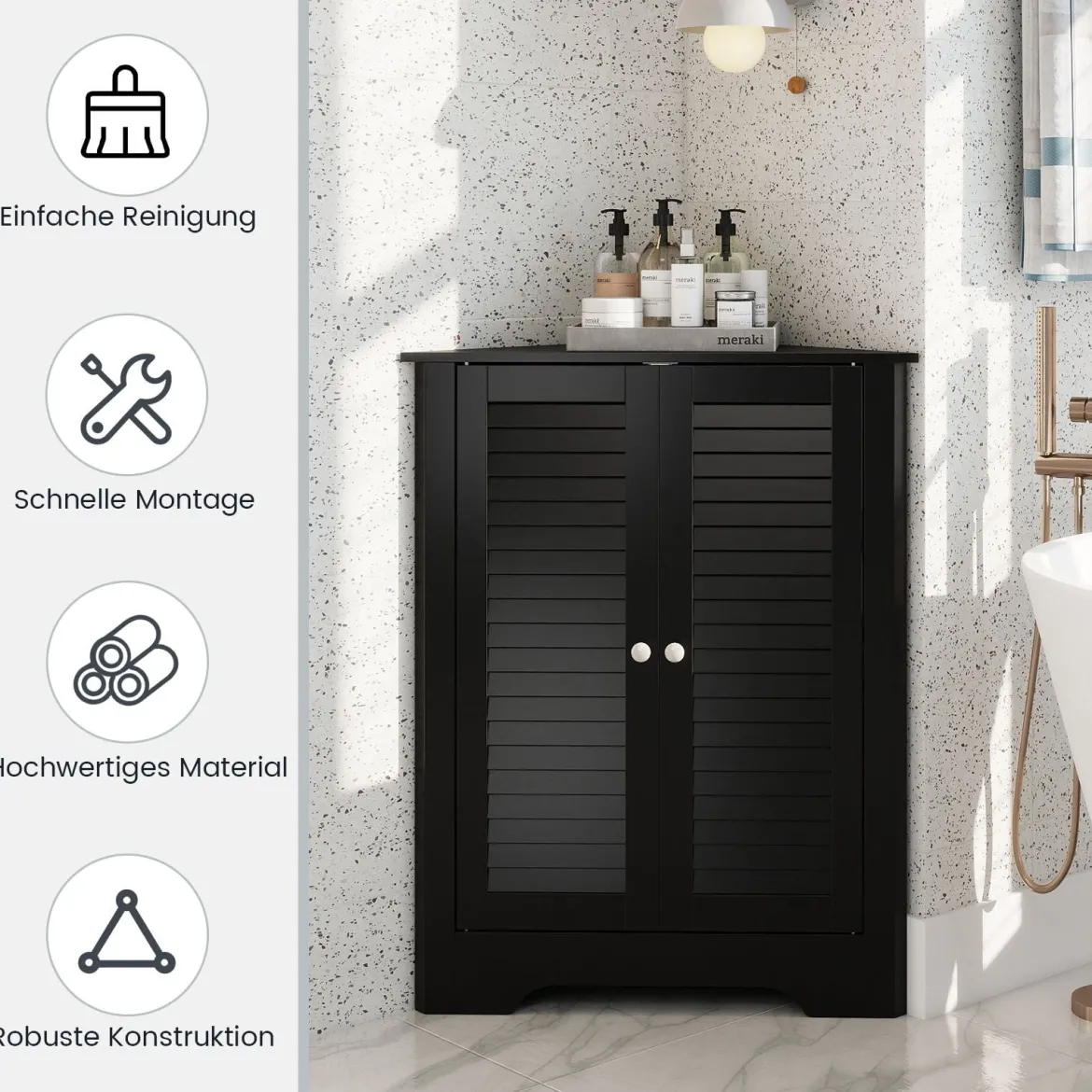Eckschrank mit Lamellentür & Höhenverstellbarem Regal Platzsparend Badezimmerschrank Schwarz