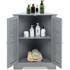 Eckschrank mit Lamellentür & Höhenverstellbarem Regal Platzsparend Badezimmerschrank Grau