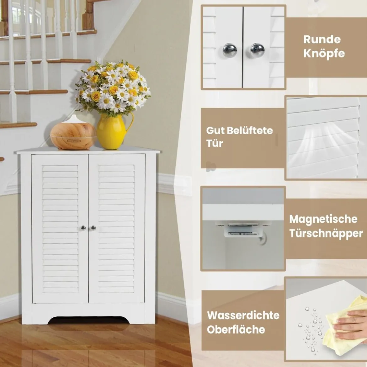 Eckschrank mit Lamellentür & Höhenverstellbarem Regal Platzsparend Badezimmerschrank Weiß