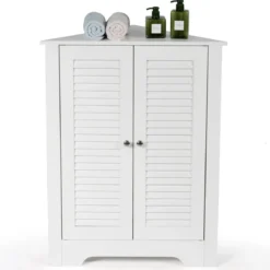 Eckschrank mit Lamellentür & Höhenverstellbarem Regal Platzsparend Badezimmerschrank Weiß