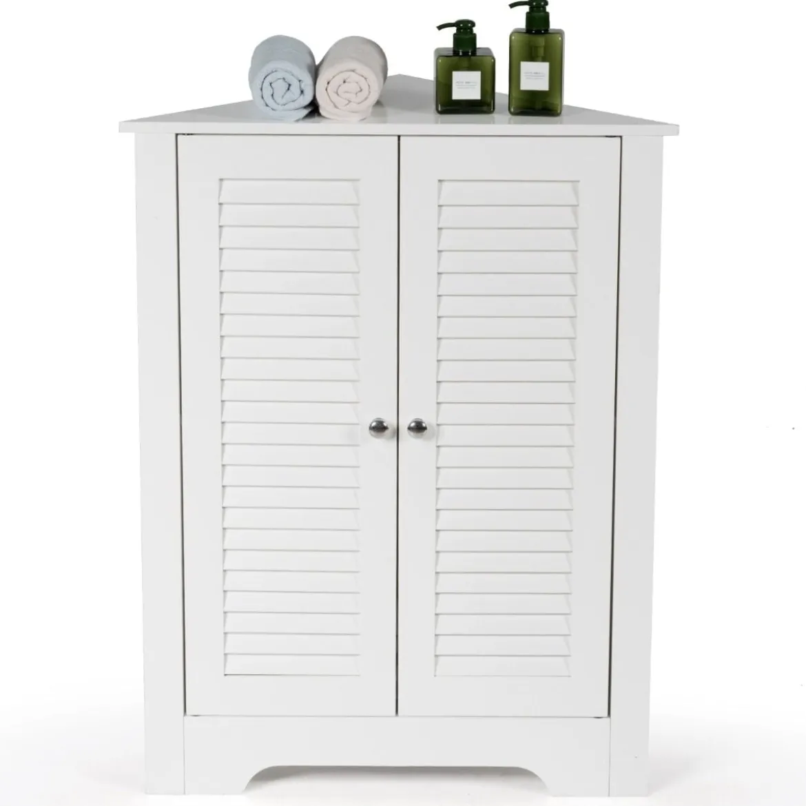 Eckschrank mit Lamellentür & Höhenverstellbarem Regal Platzsparend Badezimmerschrank Weiß