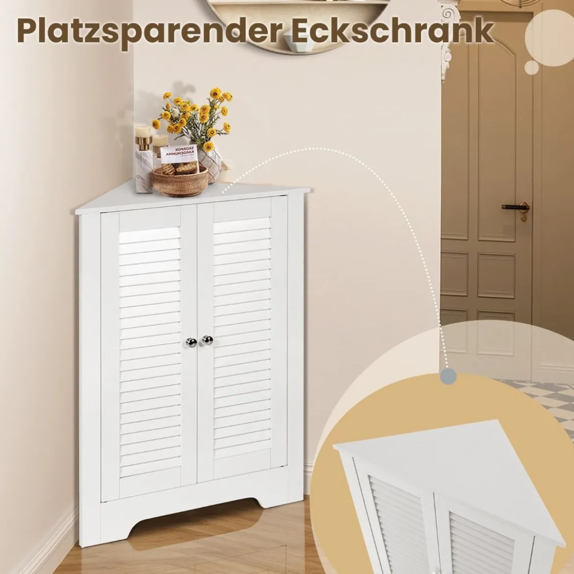 Eckschrank mit Lamellentür & Höhenverstellbarem Regal Platzsparend Badezimmerschrank Weiß