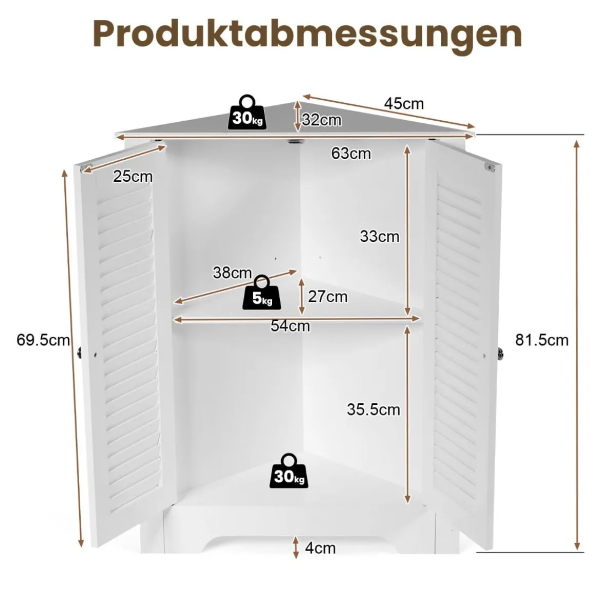 Eckschrank mit Lamellentür & Höhenverstellbarem Regal Platzsparend Badezimmerschrank Weiß