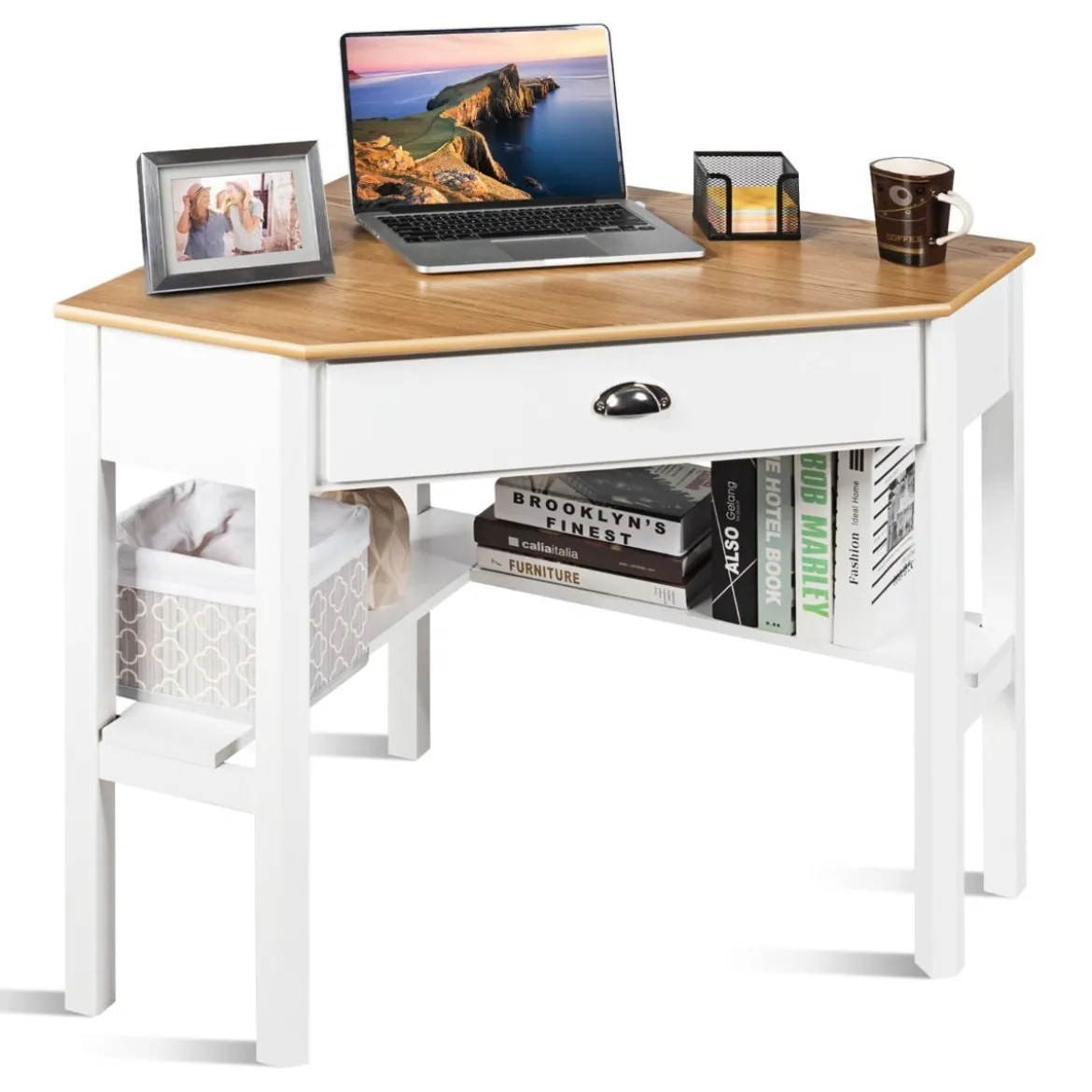 Eckschreibtisch aus Holz Kompakter Schreibtisch mit Schublade & Regalen 75 x 75 x 76 cm Natur + Weiß