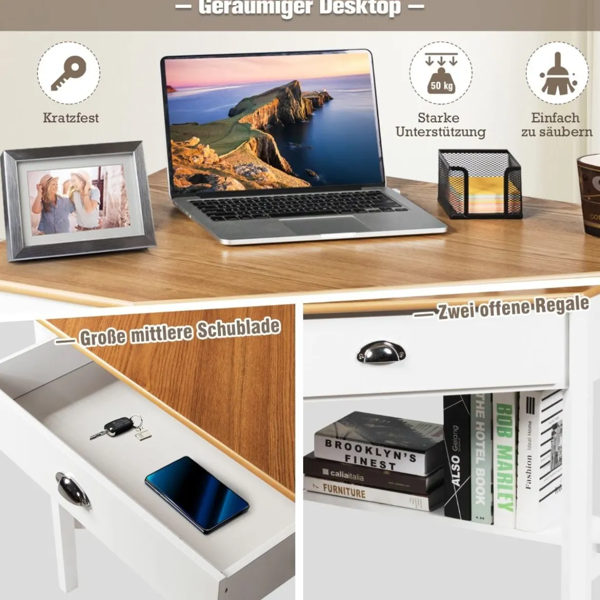 Eckschreibtisch aus Holz Kompakter Schreibtisch mit Schublade & Regalen 75 x 75 x 76 cm Natur + Weiß