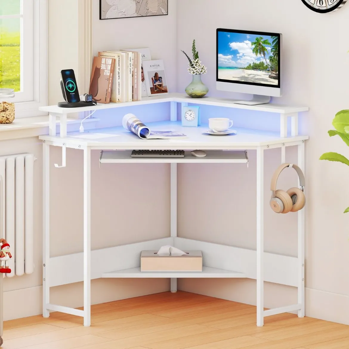 Eckschreibtisch mit Ladestation & LED & Tastaturablage & Monitorständer Gamingtisch Weiß