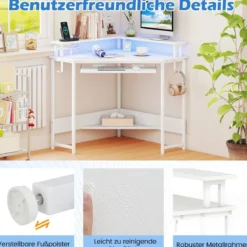 Eckschreibtisch mit Ladestation & LED & Tastaturablage & Monitorständer Gamingtisch Weiß