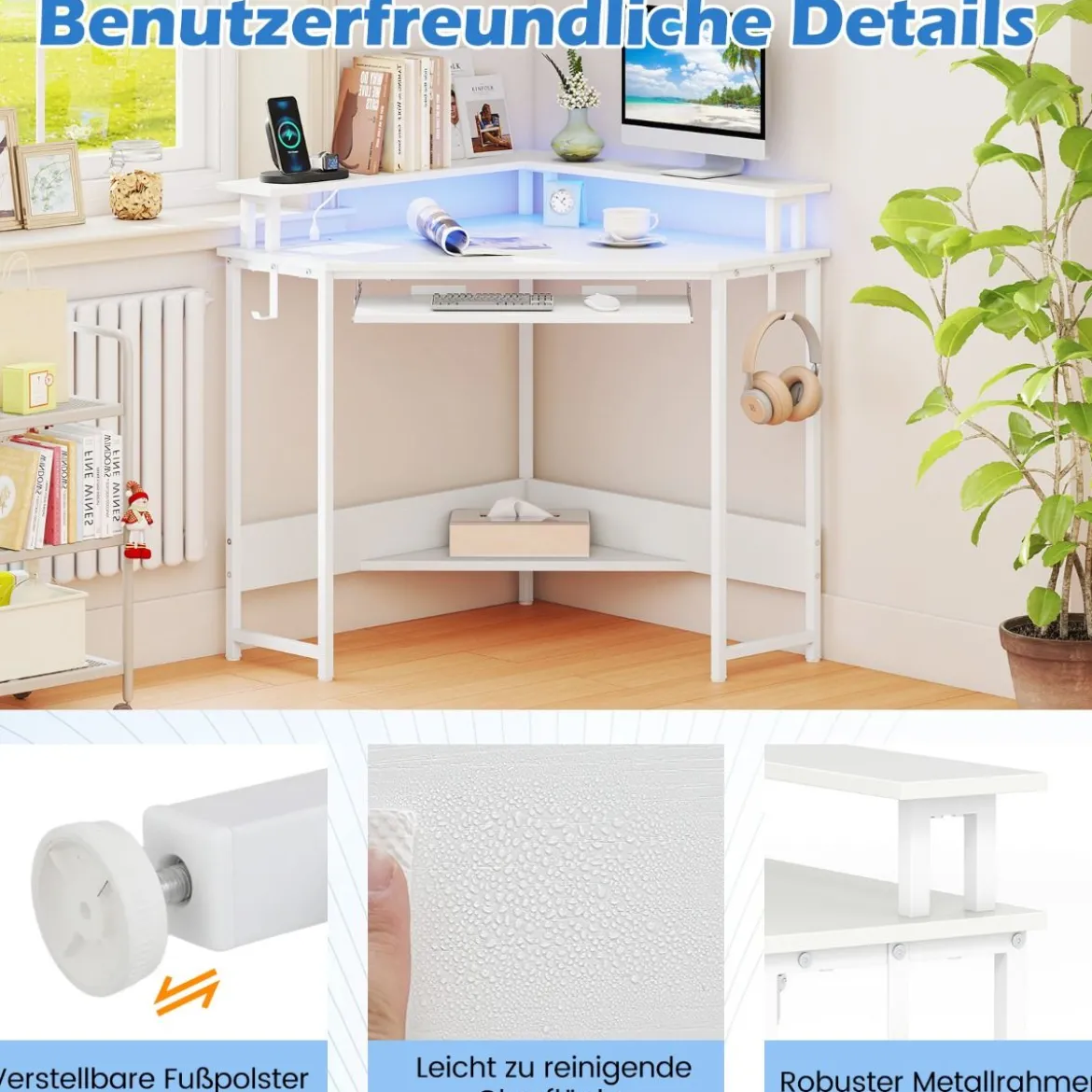 Eckschreibtisch mit Ladestation & LED & Tastaturablage & Monitorständer Gamingtisch Weiß