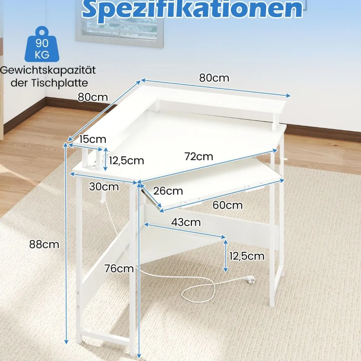 Eckschreibtisch mit Ladestation & LED & Tastaturablage & Monitorständer Gamingtisch Weiß