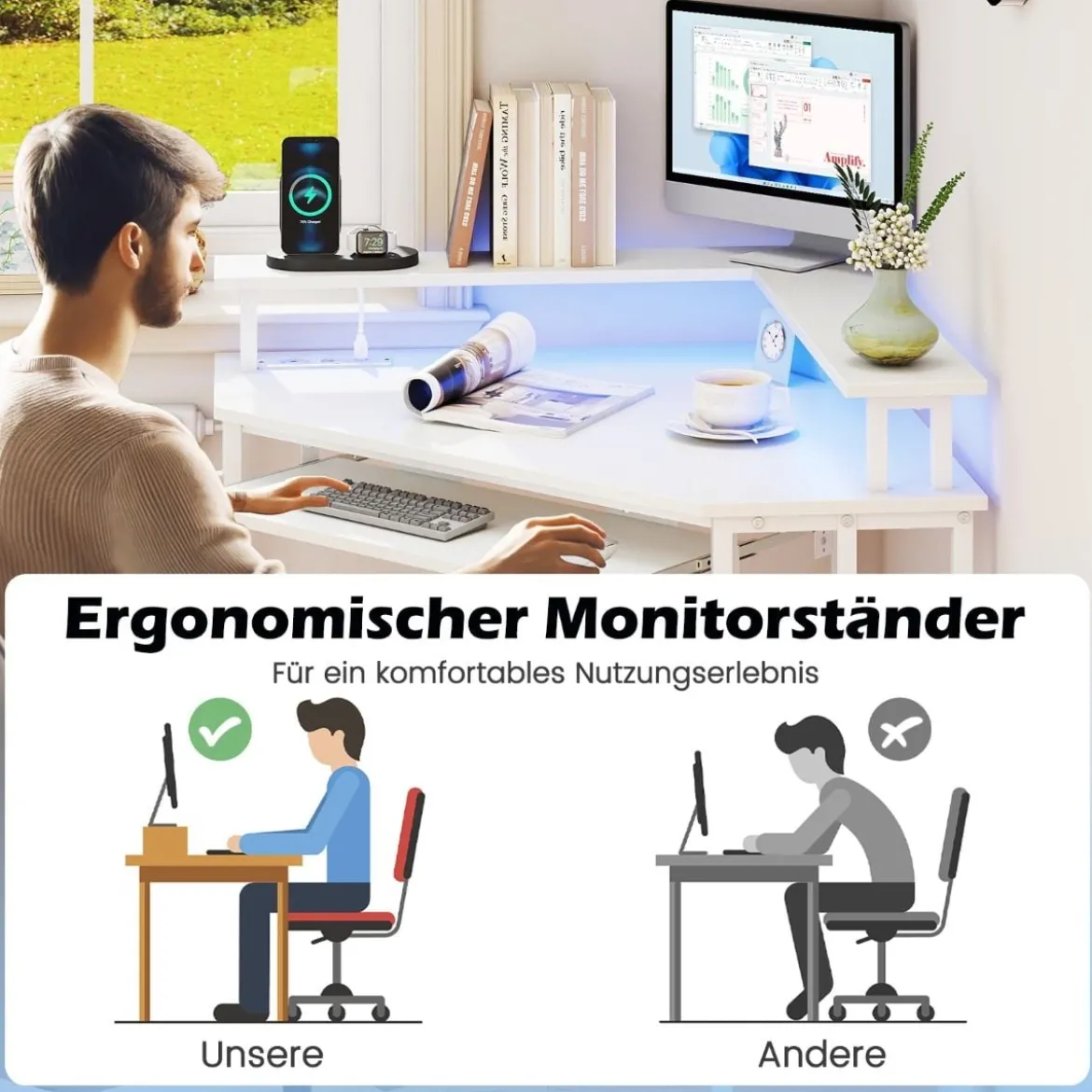 Eckschreibtisch mit Ladestation & LED & Tastaturablage & Monitorständer Gamingtisch Weiß