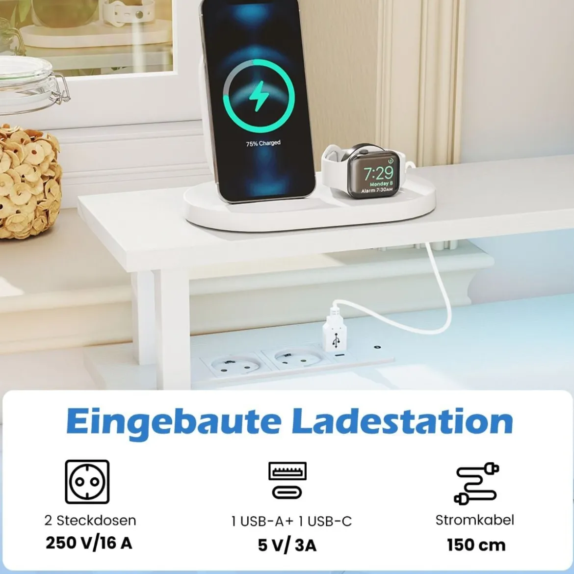 Eckschreibtisch mit Ladestation & LED & Tastaturablage & Monitorständer Gamingtisch Weiß