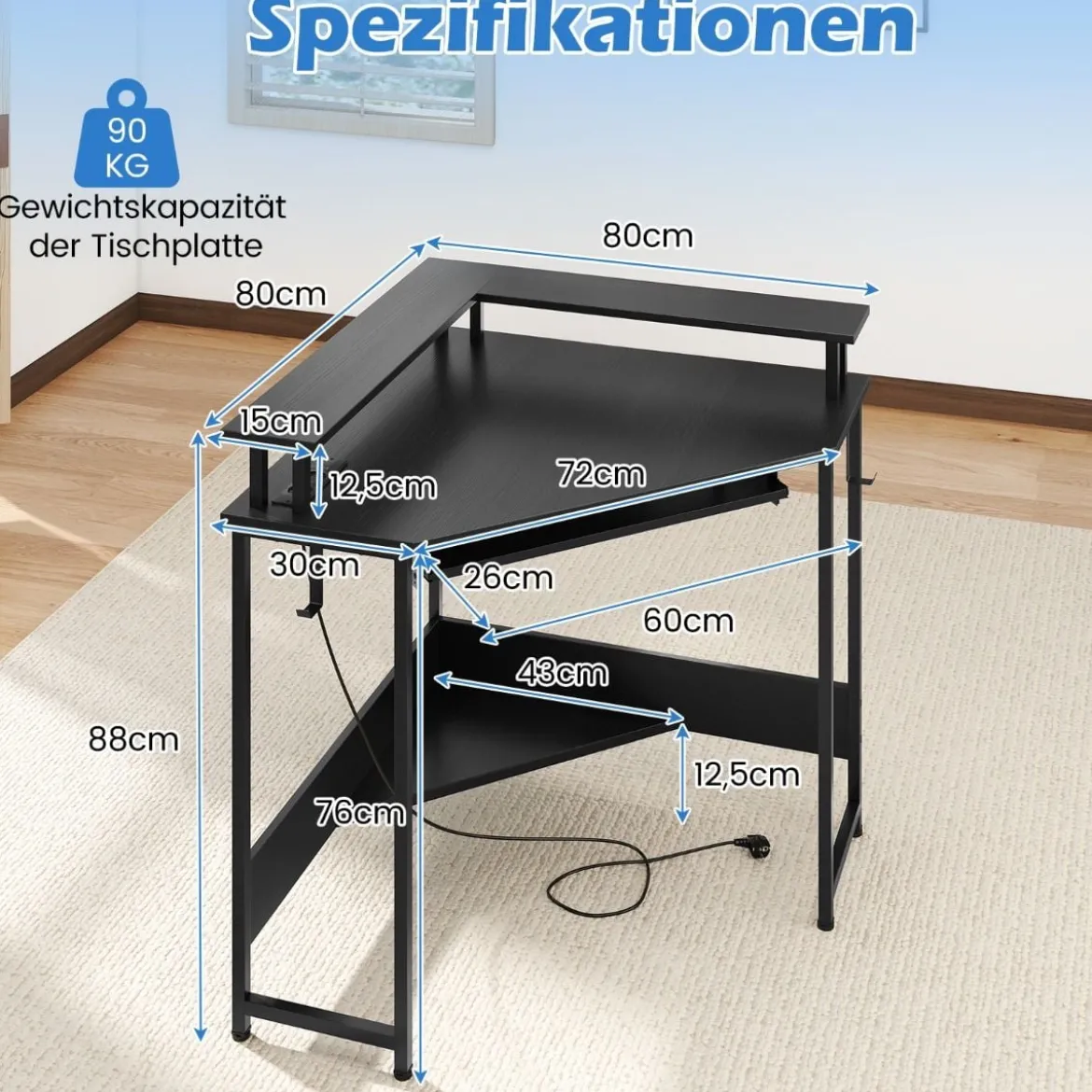 Eckschreibtisch mit Ladestation & LED & Tastaturablage & Monitorständer Gamingtisch Schwarz