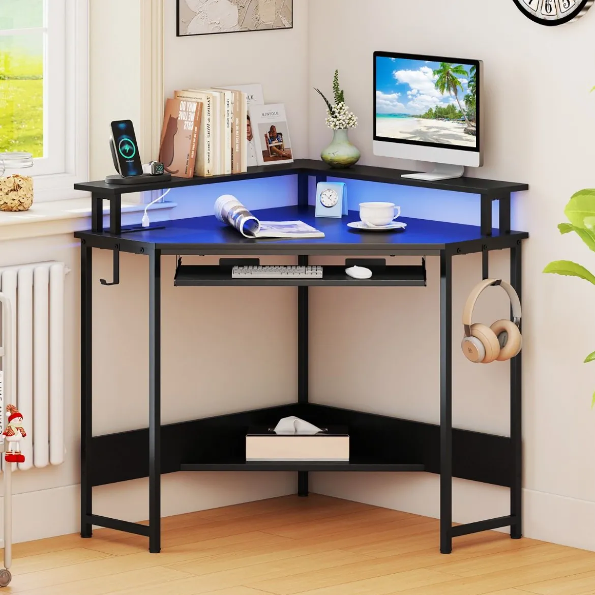Eckschreibtisch mit Ladestation & LED & Tastaturablage & Monitorständer Gamingtisch Schwarz