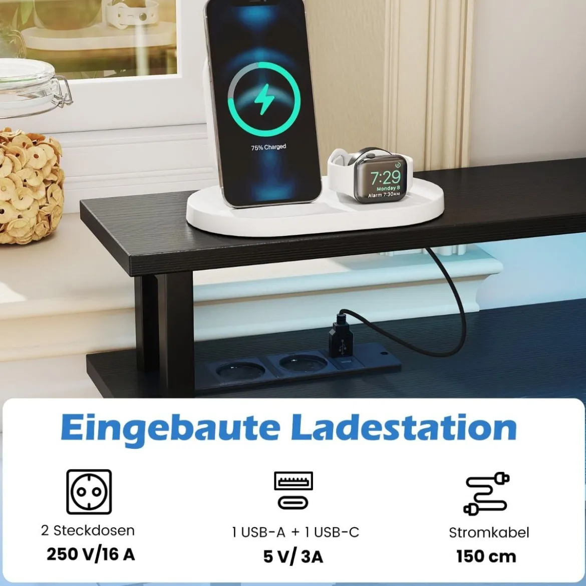 Eckschreibtisch mit Ladestation & LED & Tastaturablage & Monitorständer Gamingtisch Schwarz