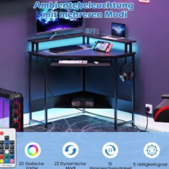 Eckschreibtisch mit Ladestation & LED & Tastaturablage & Monitorständer Gamingtisch Schwarz