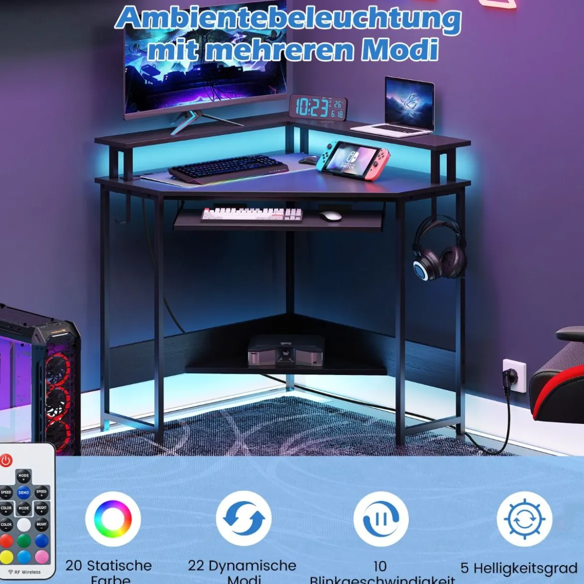 Eckschreibtisch mit Ladestation & LED & Tastaturablage & Monitorständer Gamingtisch Schwarz