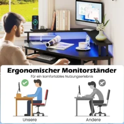 Eckschreibtisch mit Ladestation & LED & Tastaturablage & Monitorständer Gamingtisch Schwarz