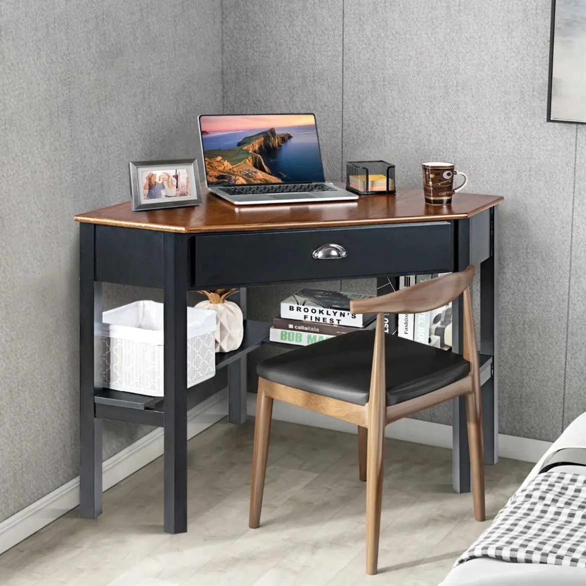 Eckschreibtisch mit Schublade & 2 Ablagen Holz-Eckschreibtisch 75 x 75 x 76 cm Braun + Schwarz