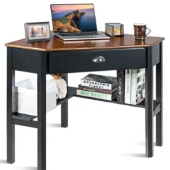 Eckschreibtisch mit Schublade & 2 Ablagen Holz-Eckschreibtisch 75 x 75 x 76 cm Braun + Schwarz